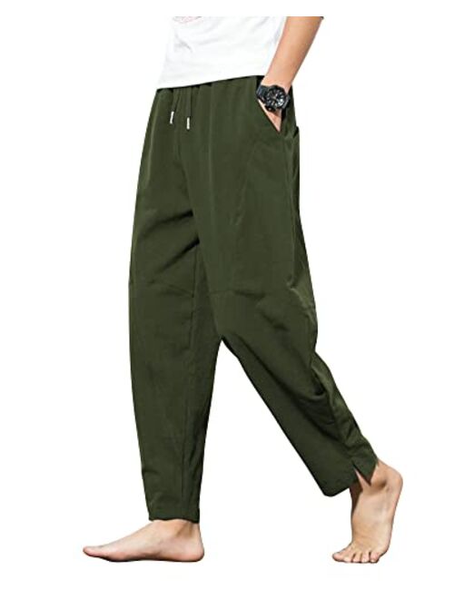 AUDATE Men's Cotton Linen Pants Summer Beach Pant Casual Solid Drawstring Yoga Pants Trousers