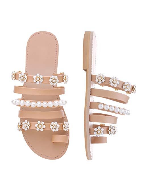 Shoe'N Tale Women Toe Ring Gladiator Flat Sandals Elegant Strappy Flip Flops Casual Comfortable Beach Shoes