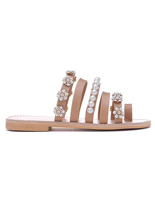 Shoe'N Tale Women Toe Ring Gladiator Flat Sandals Elegant Strappy Flip Flops Casual Comfortable Beach Shoes
