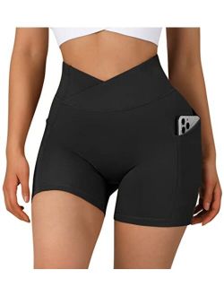 Women Cross Waist Workout Shorts with Pocket 5" Booty High Waisted Shorts