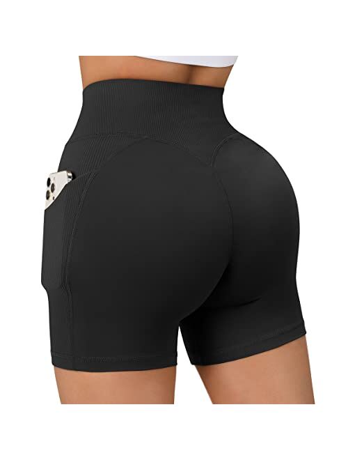OMKAGI Women Cross Waist Workout Shorts with Pocket 5" Booty High Waisted Shorts