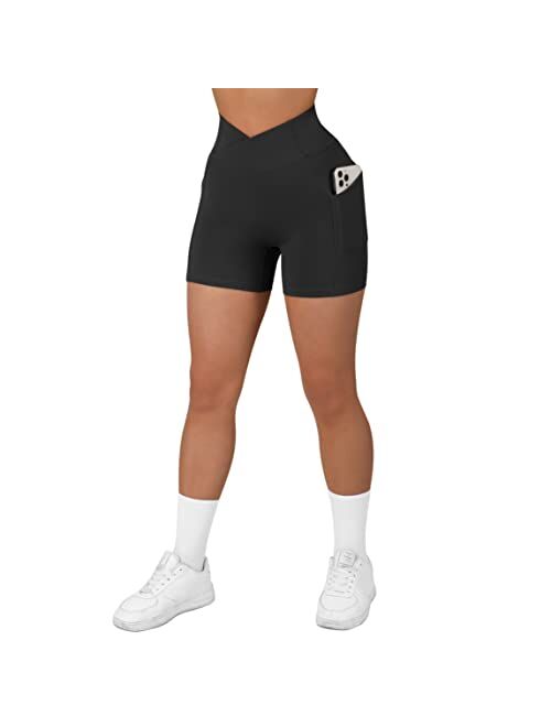 OMKAGI Women Cross Waist Workout Shorts with Pocket 5" Booty High Waisted Shorts