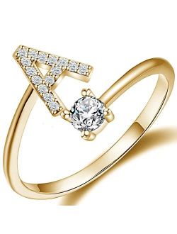 HOBT Crescent Moon Ring Gold Plated CZ Star Moon Adjustable Open Rings for Women Girls 