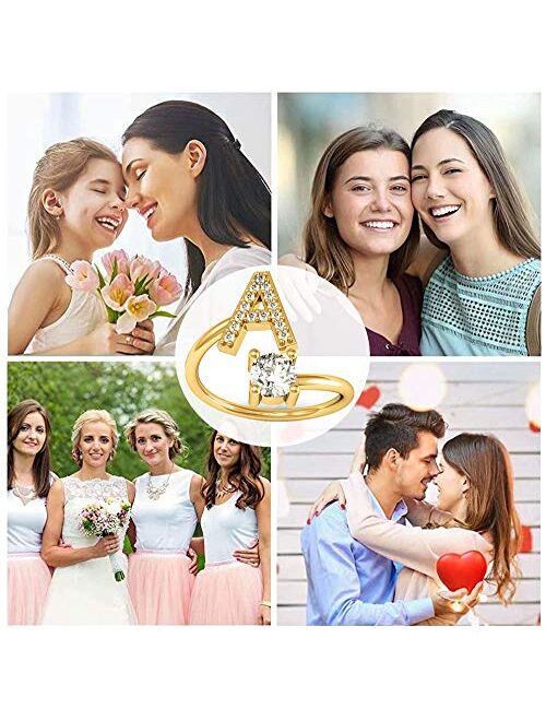 Haoze Initial Letter Ring for Women Girls Gold Stackable Alphabet Rings with Initial Adjustable Crystal Inlaid Initial Rings Bridesmaid Gift
