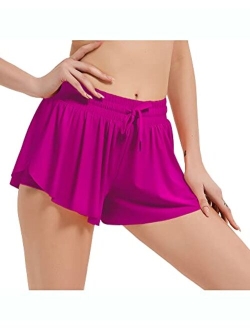 Wsirmet Women's 2-in-1 Double Layer Running Yoga Shorts Quick-Dry Drawstring Waist Flowy Hem Fitness Workout Athletic Shorts