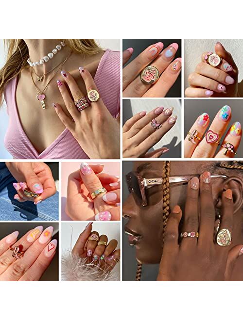 Une Douce 16 Pcs Y2k Colorful Rings Set for Women and Teen Girls, Gold Plating Adjustable Open Rings Pack, Fashion Stacking Chunky Rings, Flame, Mushroom, Heartthrob Smil