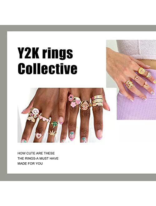 Une Douce 16 Pcs Y2k Colorful Rings Set for Women and Teen Girls, Gold Plating Adjustable Open Rings Pack, Fashion Stacking Chunky Rings, Flame, Mushroom, Heartthrob Smil
