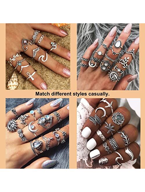 Aogrzun 95Pcs Vintage Silver Knuckle Rings Set for Women Girls Teen, Bohemian Stackable Joint Finger Midi Rings Jewelry Set Pack