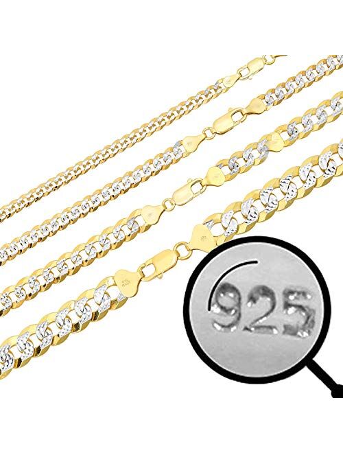 Harlembling Men's Flat Cuban Chain - Two Tone Diamond Cut - 14k Gold Over Solid 925 Sterling Silver - Made In Italy - 5mm, 6mm,8mm,10mm