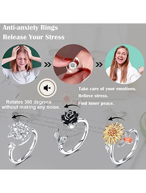 KOHOTA Fidget Rings for Women Girls Spinner Ring for Anxiety Adjustable CZ Sunflower Butterfly Rose Star Moon Stress Relief Open Rings Set