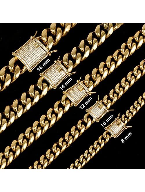 GOLD IDEA JEWELRY 14k Gold Plated Stainless Steel Thick Miami Cuban Link Chain with Lab Diamond Clasp Men's Hip Hop Necklace or Bracelet for Men Women