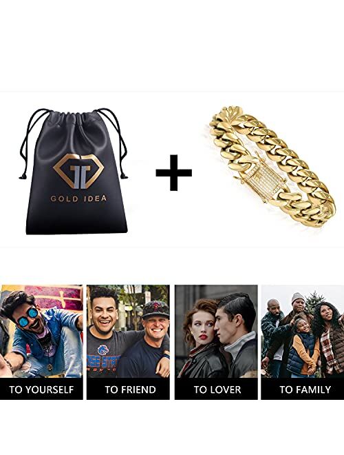 GOLD IDEA JEWELRY 14k Gold Plated Stainless Steel Thick Miami Cuban Link Chain with Lab Diamond Clasp Men's Hip Hop Necklace or Bracelet for Men Women