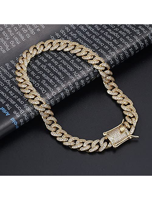 PY BLING 8mm Mens Iced Out Hip Hop Miami Cuban Link Chain Choker 14K/18K Gold White Gold plated CZ Necklace/Bracelet 8.5"-24"