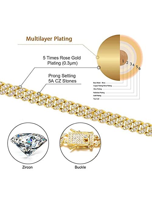 Apzzic 8mm Hip Hop Miami Cuban Link Chain Iced Out Rhinestone Zircon Paved Gold Plated Full CZ Diamond Bracelet Necklace for Men Women