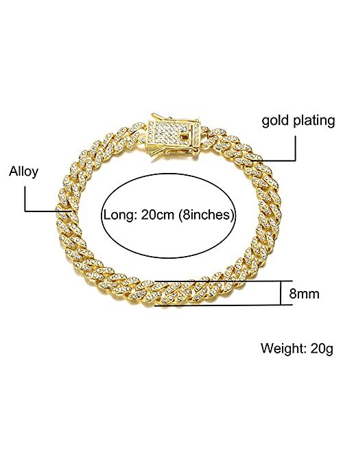 Apzzic 8mm Hip Hop Miami Cuban Link Chain Iced Out Rhinestone Zircon Paved Gold Plated Full CZ Diamond Bracelet Necklace for Men Women