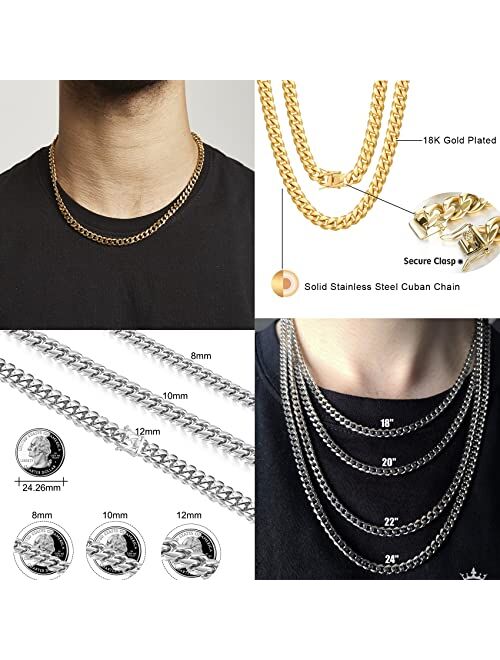 Hipwope Cuban Link Chain for Men Women Stainless Steel Mens Cuban Link Chain Necklaces Diamond Cut Miami Curb Necklace for Boys Silver/18K Gold Plated Necklaces 8mm, 10mm