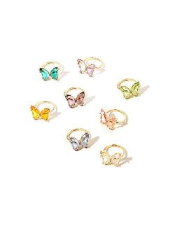 Caiyao 8Pcs Colorful Vintage Bohemian Acrylic Butterfly Knuckle Rings Set for Girl Women Teens Cute Lovely Open Adjustable Cuff Circle Finger Thumb Animal Ring Retro Boho
