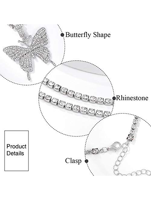 Earent Crystal Butterfly Choker Necklace Rhinestone Pendant Necklaces Chain Sparkly Butterfly Jewerly Fashion Party Accessories for Women and Girls