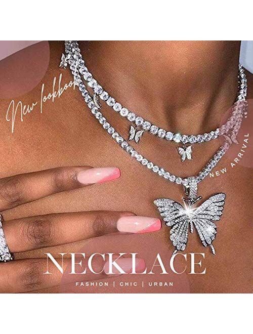 Earent Crystal Butterfly Choker Necklace Rhinestone Pendant Necklaces Chain Sparkly Butterfly Jewerly Fashion Party Accessories for Women and Girls