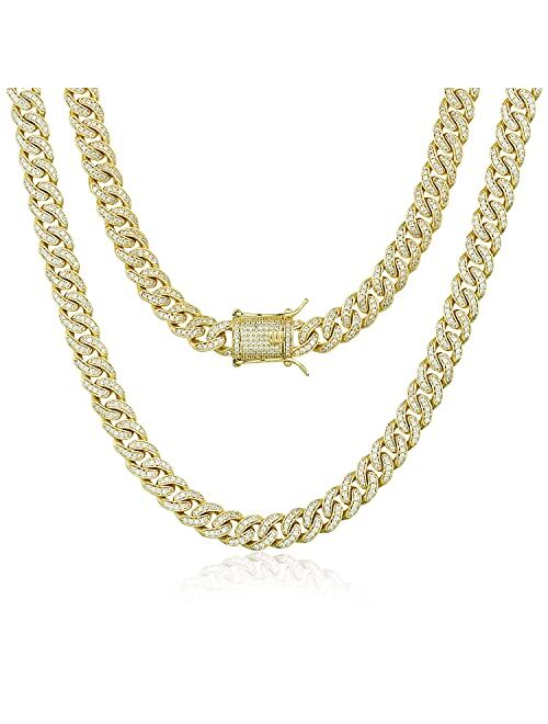 TRIPOD JEWELRY 8mm Real 14K or White Gold Plated Diamond Iced Out Cuban Link Chain or Bracelet Hip Hop Miami Prong-setting Necklace Choker for Men Women