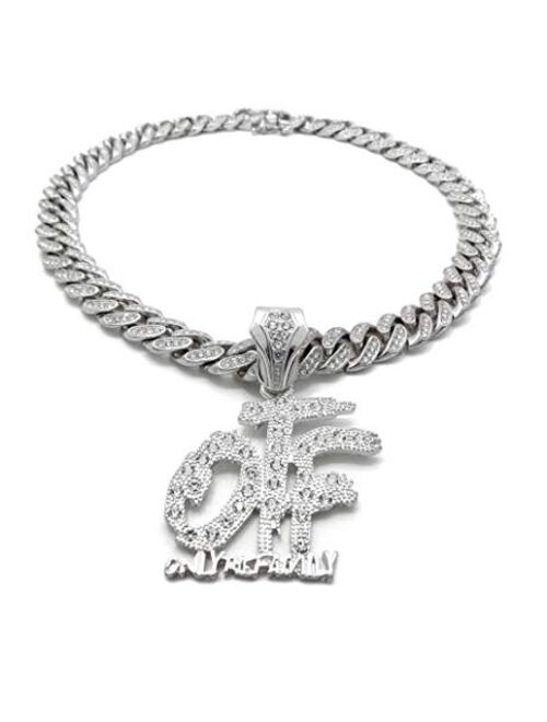 BLINGFACTORY Hip Hop Only The Family OTF Pendant & 12mm 18" Iced Box Lock Miami Cuban Chain Necklace