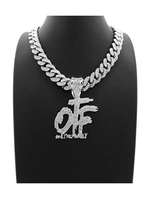 BLINGFACTORY Hip Hop Only The Family OTF Pendant & 12mm 18" Iced Box Lock Miami Cuban Chain Necklace