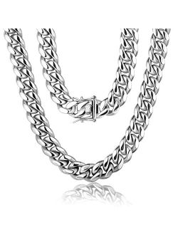 Zsllzm Miami Cuban Link Chain for Men Solid Stainless Steel Necklace for Men Women Hip Hop Jewelry Choker Necklace 18-30 Inches-with Gift Box 8mm, 10mm, 12mm