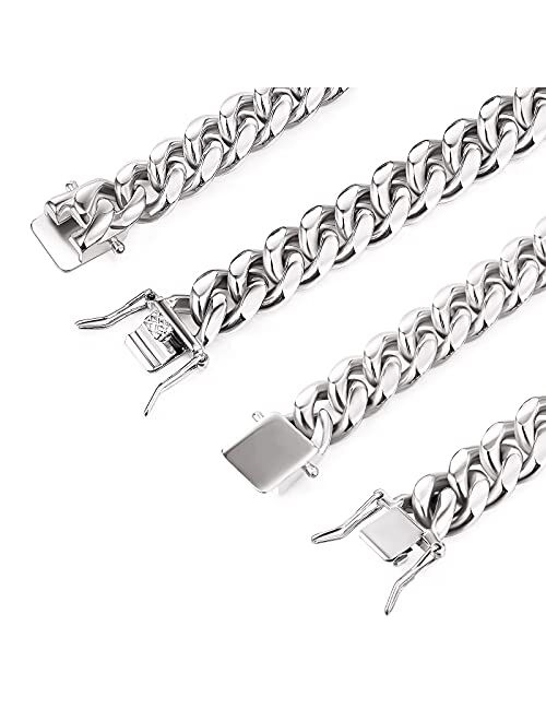 Zsllzm Miami Cuban Link Chain for Men Solid Stainless Steel Necklace for Men Women Hip Hop Jewelry Choker Necklace 18-30 Inches-with Gift Box 8mm, 10mm, 12mm
