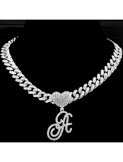 Ptjdsmf Cursive Silver Initial Pendant Necklaces Alphabet Pendant Miami Cuban Link Chain Necklace for women Hip Hop Iced Out Letter Chain with Pendant Jewelry Gift