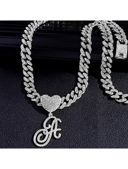 Ptjdsmf Cursive Silver Initial Pendant Necklaces Alphabet Pendant Miami Cuban Link Chain Necklace for women Hip Hop Iced Out Letter Chain with Pendant Jewelry Gift