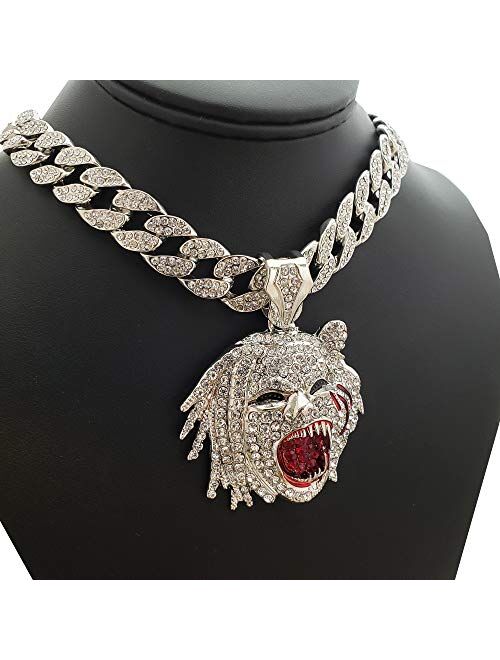 Blingfactory Hip Hop Half Man Half Beast Pendant & 18" Full Iced Cuban Choker Chain Necklace