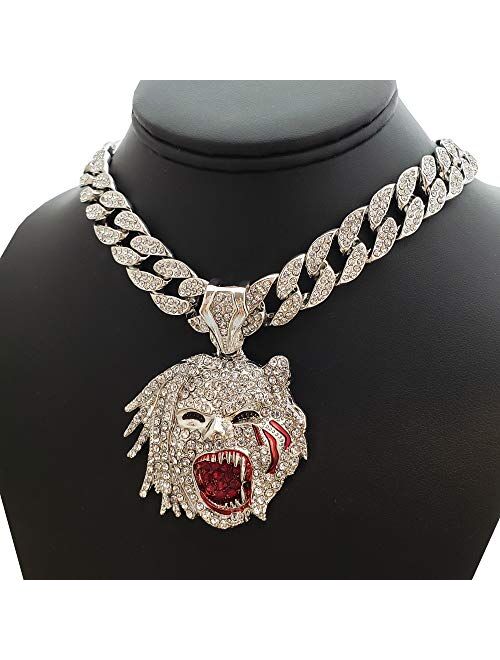 Blingfactory Hip Hop Half Man Half Beast Pendant & 18" Full Iced Cuban Choker Chain Necklace