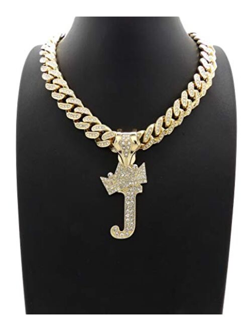 BLINGFACTORY Hip Hop Alphabet Initial J Pendant & 12mm 18" Full Iced Box Lock Cuban Chain Necklace