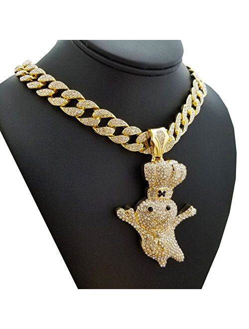BLINGFACTORY Hip Hop Iced Large Doughboy Pendant & 18" Full Iced Miami Cuban Choker Chain Necklace