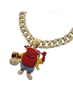 Blingfactory Hip Hop KOOL AID MAN Holding Money Bag Pendant & 18" Iced Cuban Link Choker Chain Necklace