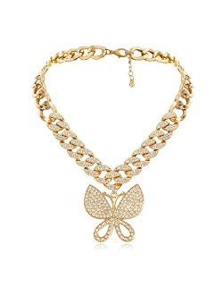 Hahagirl Statment Big Butterfly Pendant Necklace Rhinestone Chain for Women Girl Bling Bling Gold Silver Chain Shiny Crystal Choker Necklace Jewelry Gifts