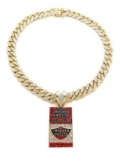 Blingfactory Hip Hop SWISHER SWEETS Pendant & 12mm 18" Full Iced Box Lock Cuban Chain Necklace