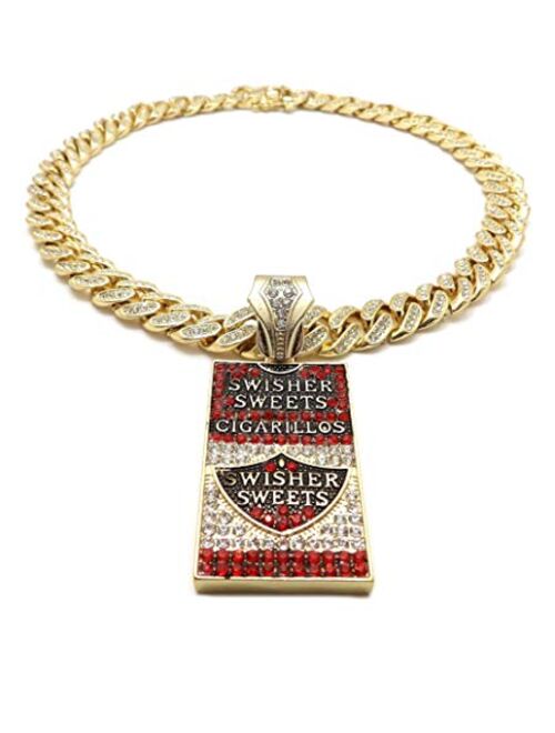 Blingfactory Hip Hop SWISHER SWEETS Pendant & 12mm 18" Full Iced Box Lock Cuban Chain Necklace