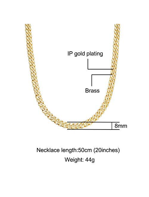 FEEL STYLE Cuban Link Chain Bling 8mm Miami Cuban Necklace Gold Silver Rose Iced Out Diamond Necklace for Men Women Hip Hop Jewelry
