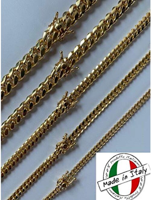 Harlembling Solid 925 Sterling Silver - 14k Gold Plated - Miami Cuban Link Chain Or Bracelet - Box Lock Cuban Link 4-10.5mm - Italy Men's Necklace