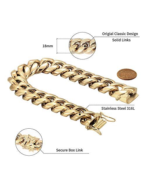 GOLD IDEA JEWELRY Hip Hop 14K Cuban Link Chain 5 Times Real Gold Plated Heavy Solid 8mm-18mm Miami Cuban Link Chain Stainless Steel Necklace/Bracelet for Men
