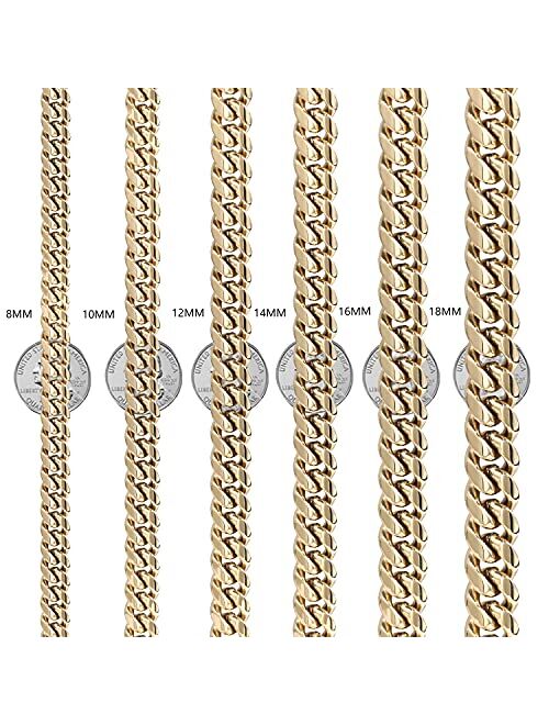 GOLD IDEA JEWELRY Hip Hop 14K Cuban Link Chain 5 Times Real Gold Plated Heavy Solid 8mm-18mm Miami Cuban Link Chain Stainless Steel Necklace/Bracelet for Men