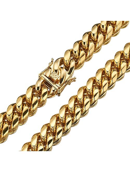 WXP 18K Gold Miami Cuban Link Chain Necklace or Bracelet for Men Women 6mm 8mm 10mm 12mm 14mm 18mm Stainless Steel Gold Chain Necklace Gift Hip Hop Jewelry 7.5-30inch