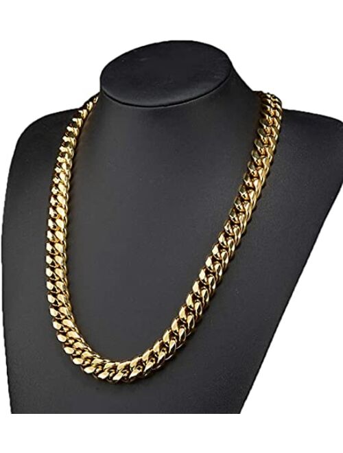 WXP 18K Gold Miami Cuban Link Chain Necklace or Bracelet for Men Women 6mm 8mm 10mm 12mm 14mm 18mm Stainless Steel Gold Chain Necklace Gift Hip Hop Jewelry 7.5-30inch