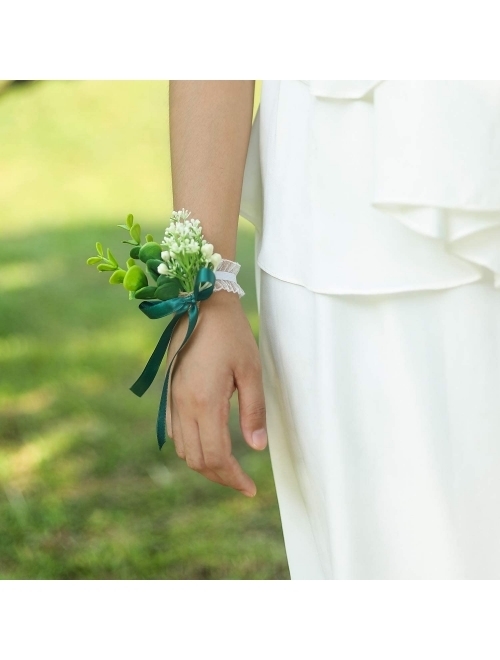 YSUCAU Wrist Corsage Bracelets with Ribbon Wristband Green Bridal Bridesmaid Wrist Corsage Hand Flower for Wedding Porm Party Decor Set of 2