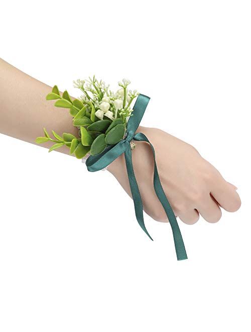 YSUCAU Wrist Corsage Bracelets with Ribbon Wristband Green Bridal Bridesmaid Wrist Corsage Hand Flower for Wedding Porm Party Decor Set of 2