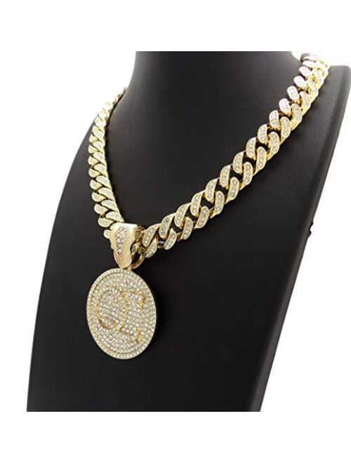 BLINGFACTORY Hip Hop QC Quality Control Pendant & 12mm 18" Full Iced Box Lock Cuban Chain Necklace