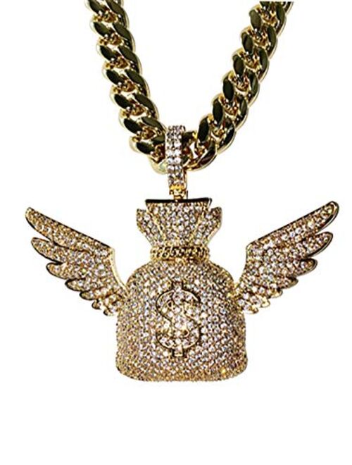 Shop-Igold Men Women Gold Finish Iced Money Bag Flying Wings Pendant Stainless Steel Pendant Real 10 mm Wide Miami Cuban Link Chain Choker Set CZ Diamond Box Lock Solid H