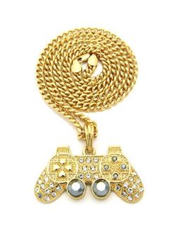 NYFASHION101 Iced Out Game Controller Micro Pendant with 5mm 24" Cuban Link Chain Necklace