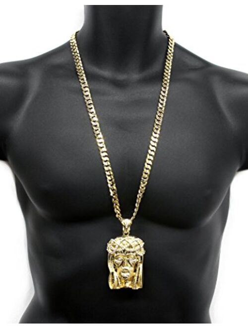 L & L Nation Mens Gold Tone Large Crowned Jesus Pendant with 30" 10mm Cuban Chain Necklace